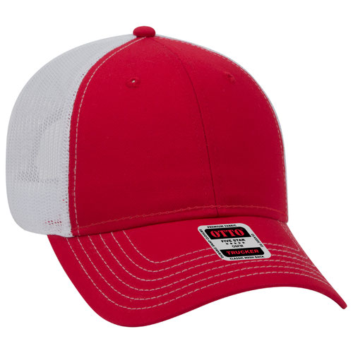 OTTO CAP 6 Panel Low Profile Mesh Back Trucker Hat -Red/Red/Wht